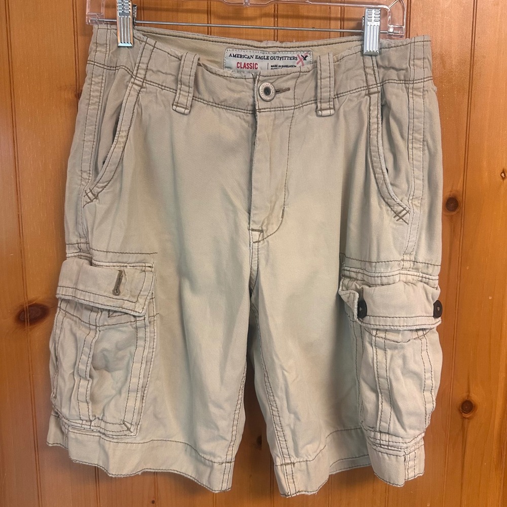 American Eagle Outfitters Y2K Classic Cargo Shorts Khaki Tan‎ Cotton Sz 28 Flaws